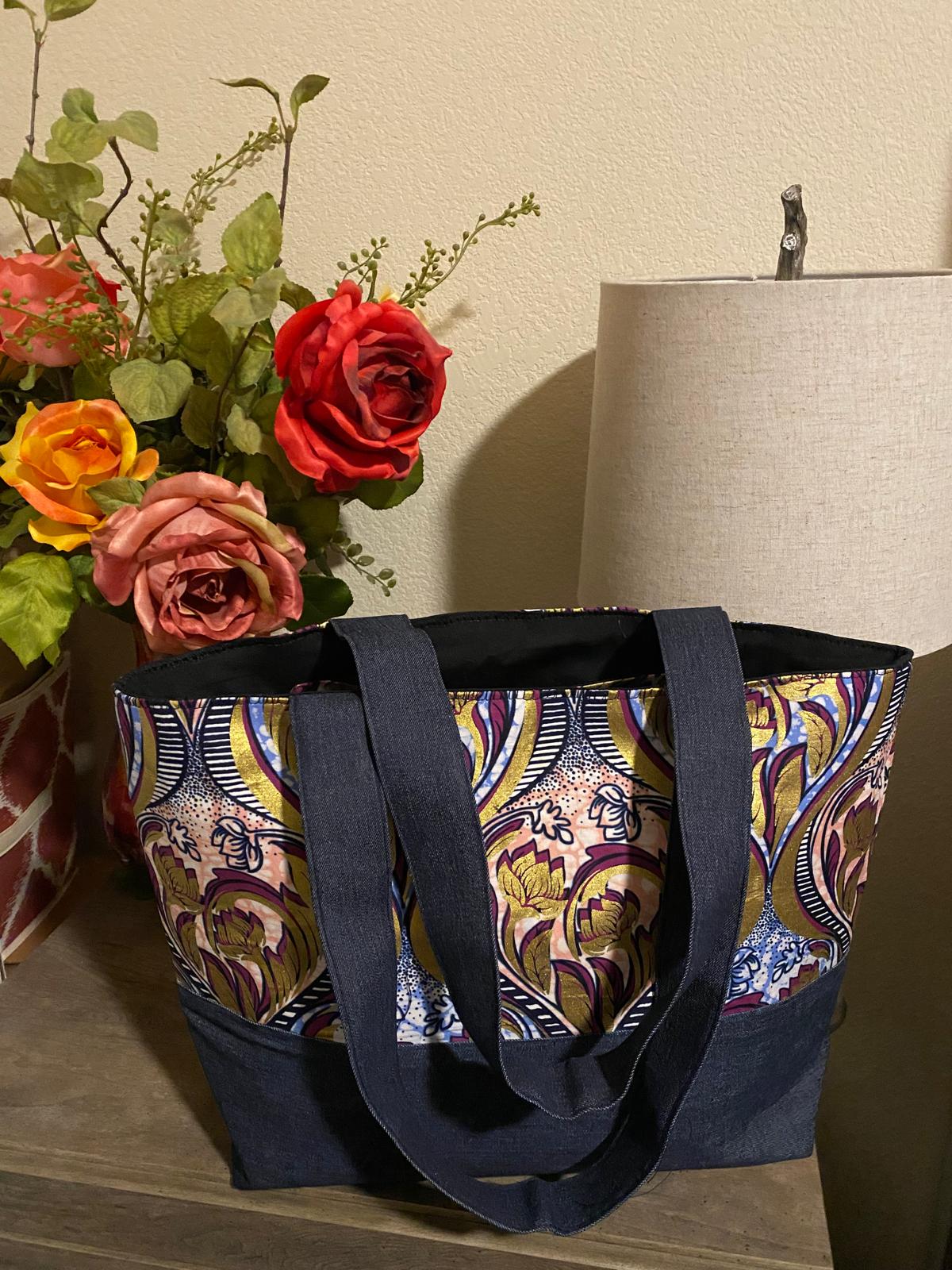 Large denim and Ankara tote bag