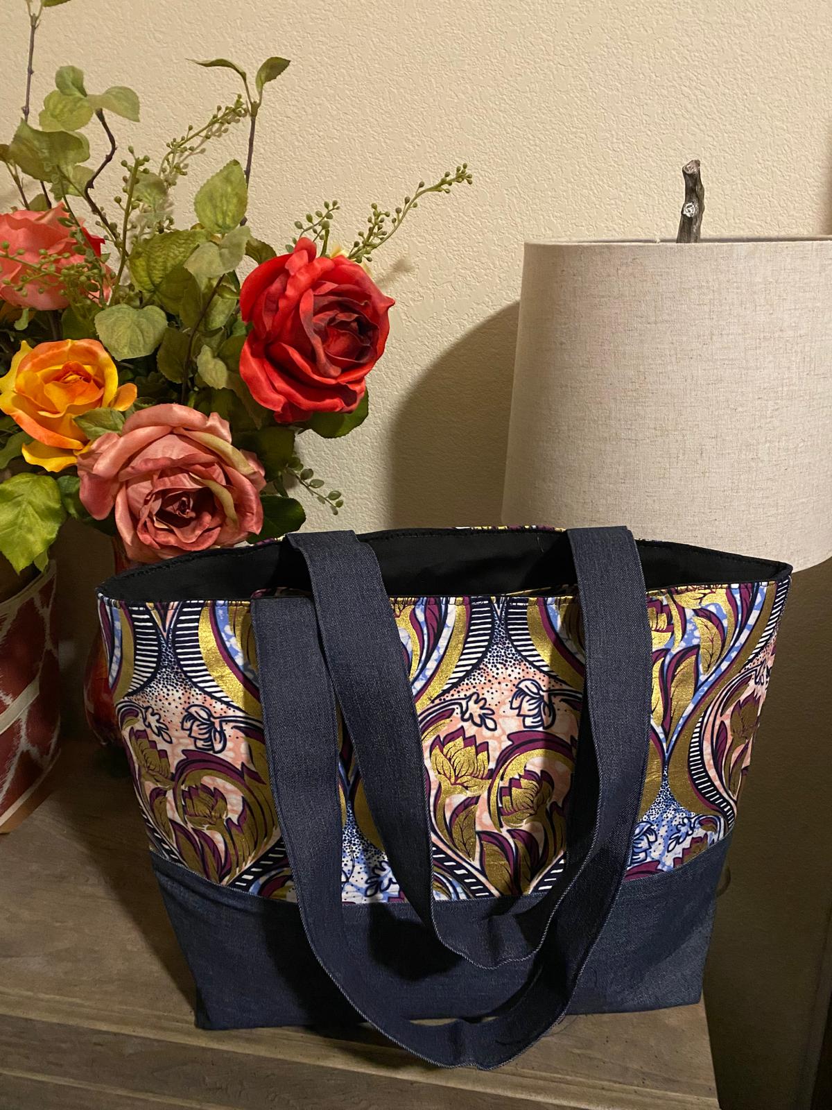 Large denim and Ankara tote bag