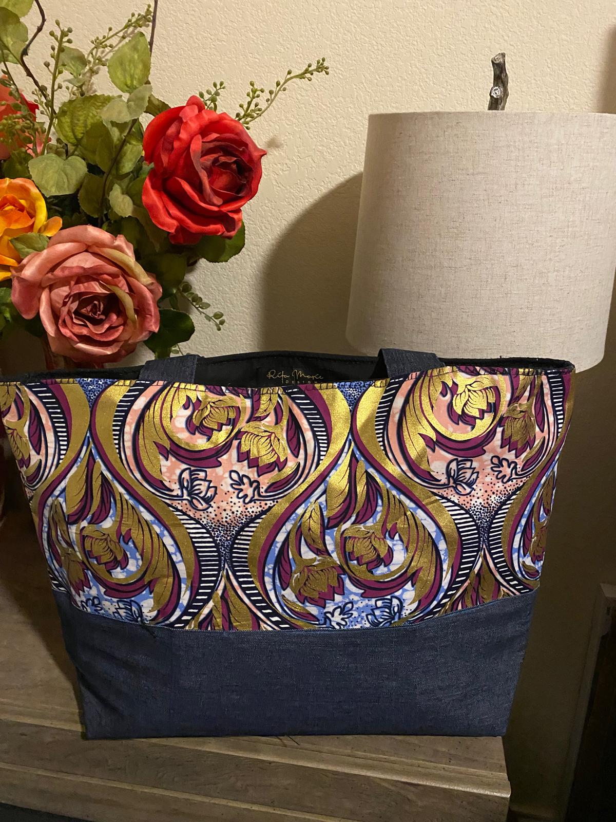 Large denim and Ankara tote bag