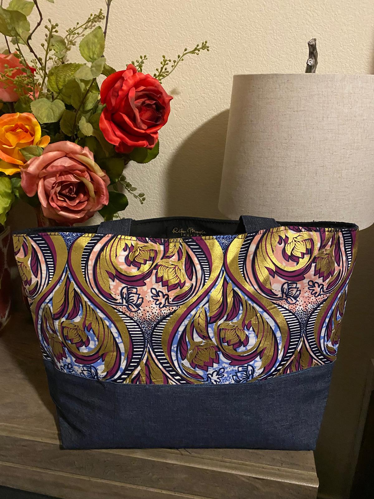 Large denim and Ankara tote bag